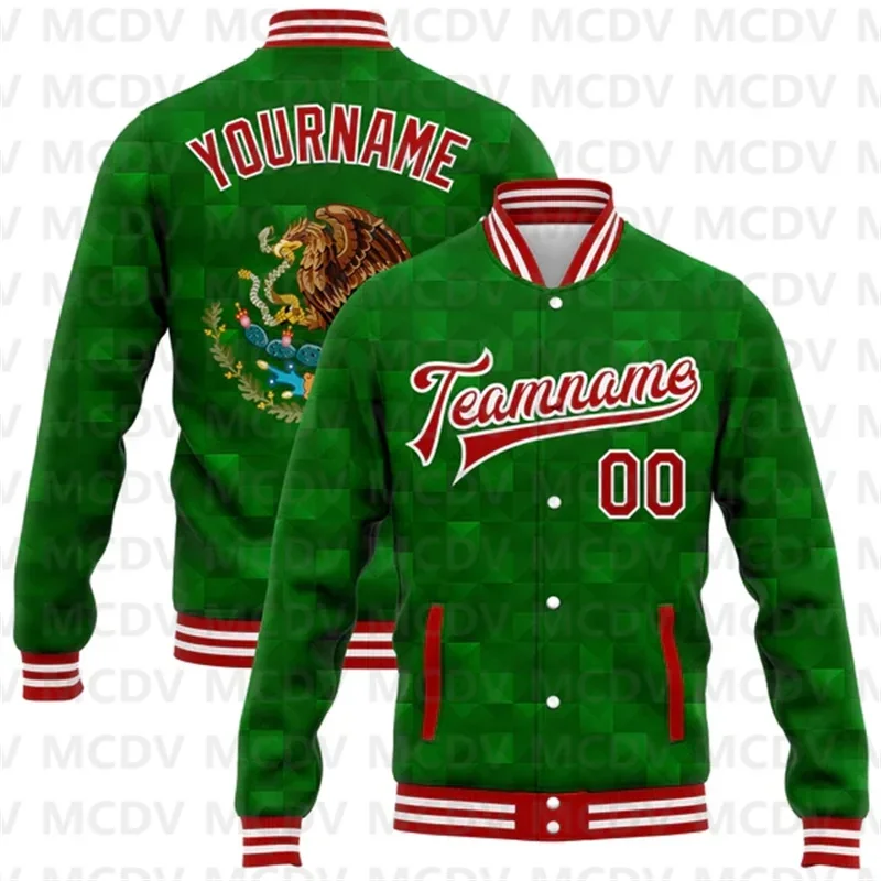 Custom White Kelly Green-Red Mexico 3D Bomber Full-Snap Varsity Letterman Jacket