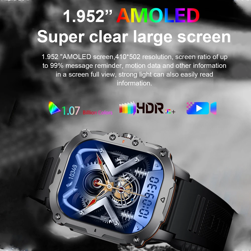 1.952 "AMOLED شاشة الرياضة اللياقة البدنية في الهواء الطلق ساعة ذكية BT دعوة مراقبة الصحة صوت مساعد الموسيقى Smartwatch الرجال النساء الطقس