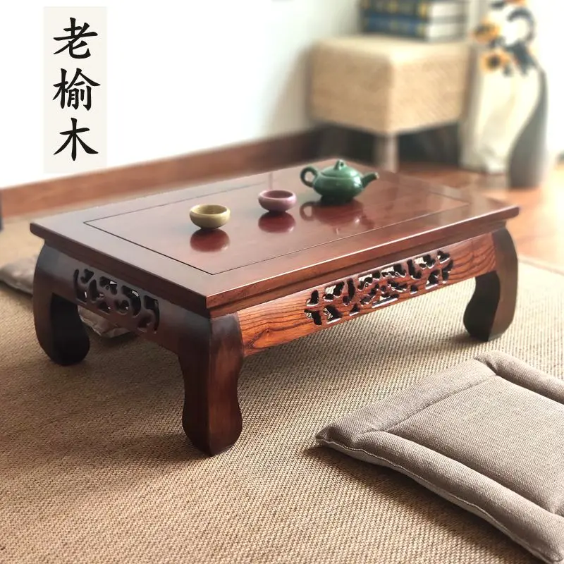 Old elm kang table, Arhat bed table, hand carved solid wood tatami short tea table,