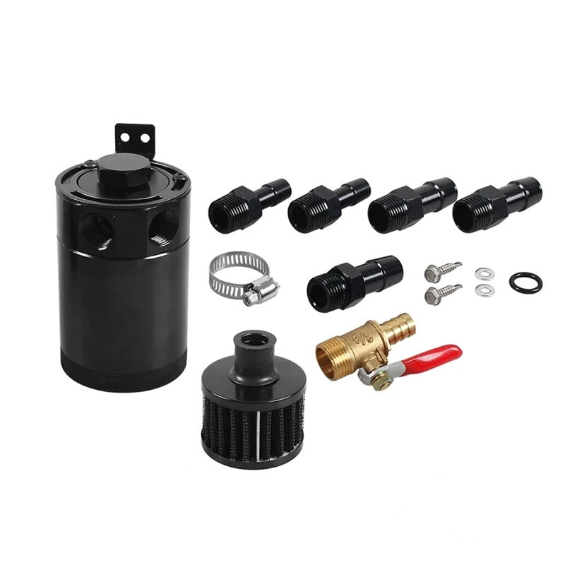 

Universal Racing Baffled Aluminum Oil Catch Can Tank Set 2-Port Reservoir With Drain Valve Breather Cylinder Filter Set