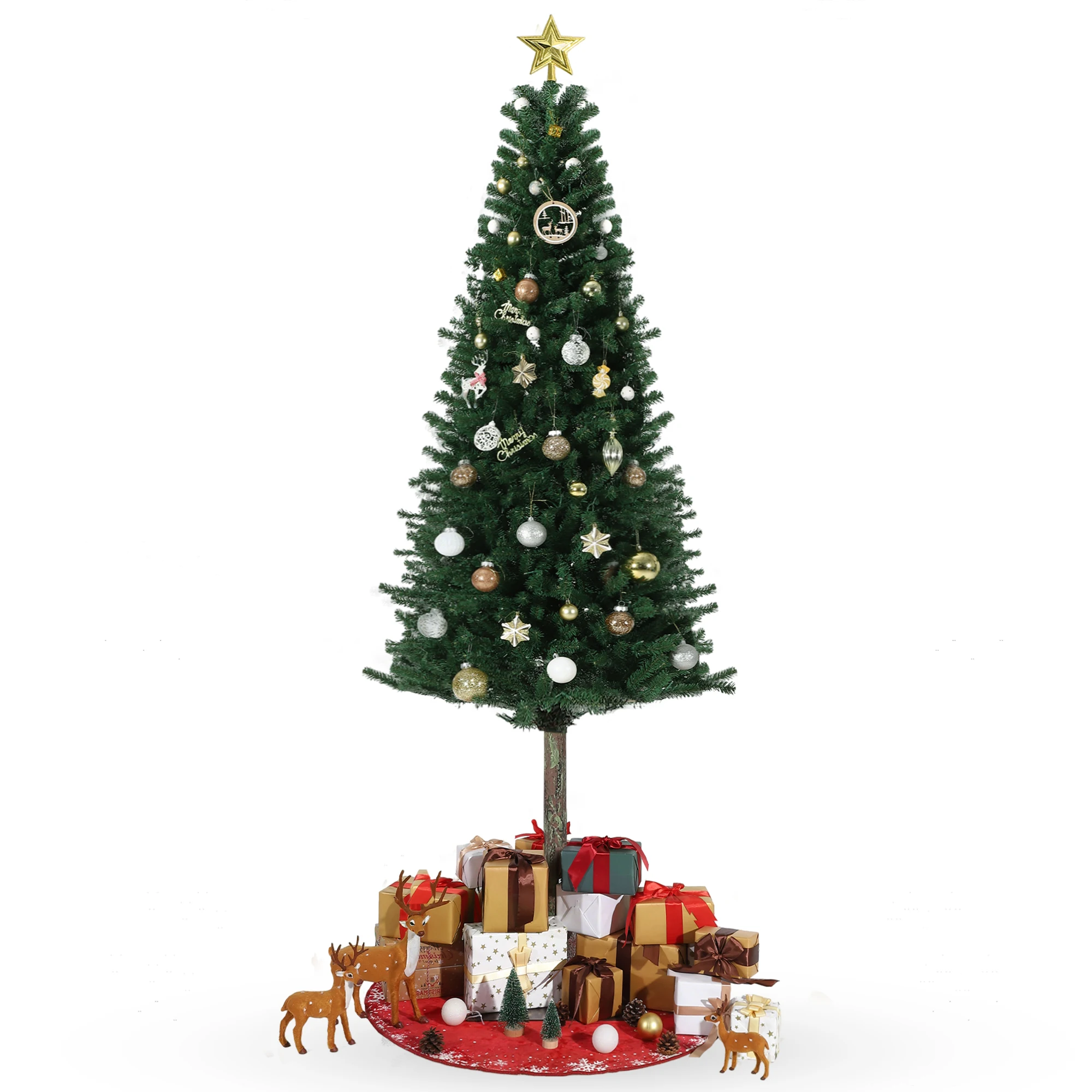 Pre-Lit Pencil Christmas Tree, Slim Space-Saving Artificial Tree - Warm White LED Twinkle Lights - Metal Stand Included