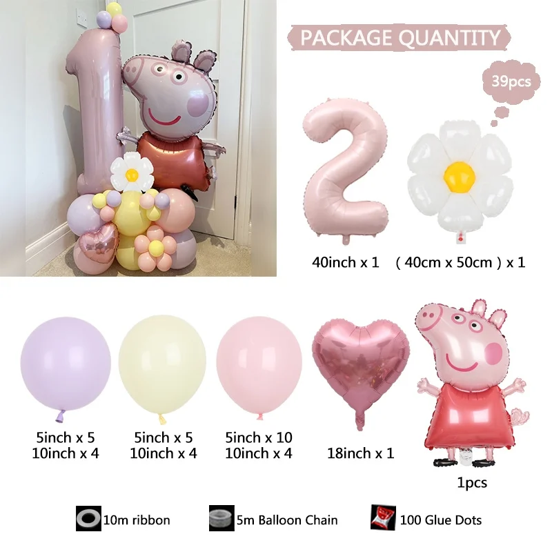 39pcs piggy Daisy Balloon Column Set 40inch Pink Number 1-9th Foil Balloons Macaroon Latex Globos for Girl Birthday Party