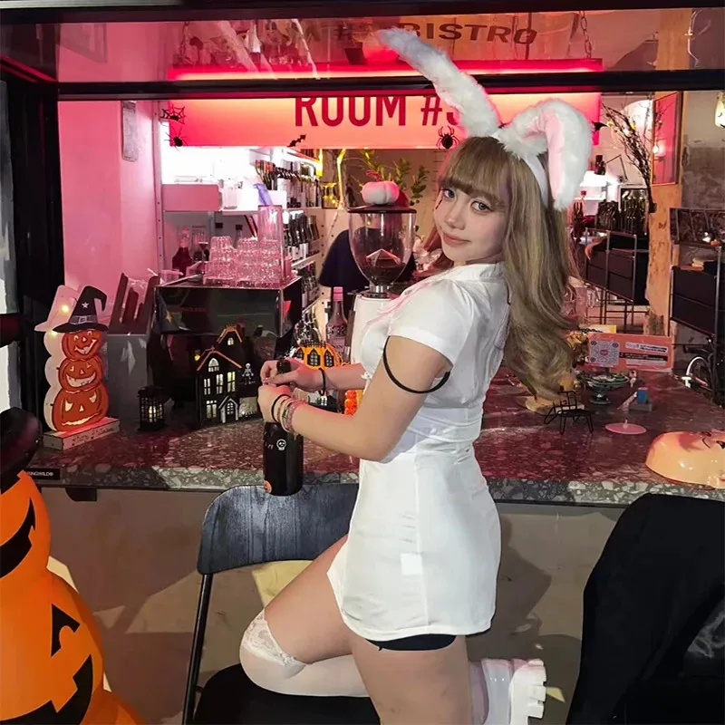 여성을위한 섹시한 할로윈 코스프레 의상 간호사 복장 흑백 매혹적인 제복 파티 공연 클럽 댄스 jk;6