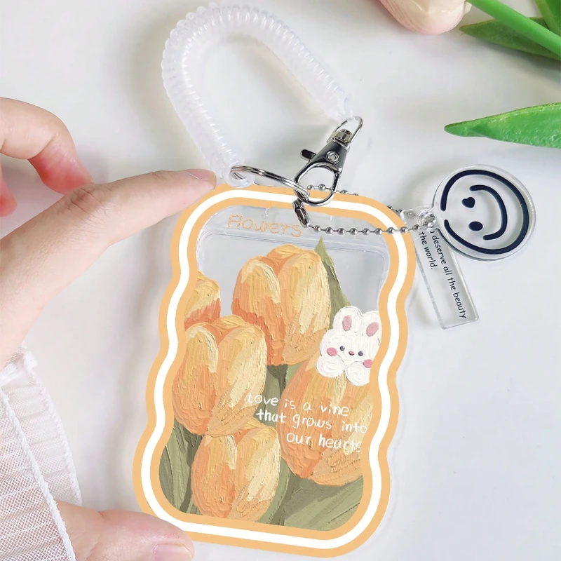 Tulip Pattern Transparent Wave Card Holder Bank Identity Bus Card Sleeve Case Door Card Kpop Photocard Holder Pendant Keychain