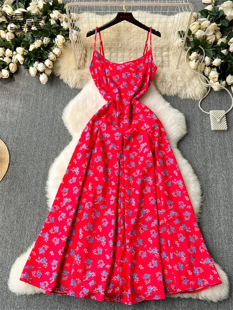 SINGREINY Floral Print A Line Long Dress Women Strap Backless Soft Zipper Fashion 2024 Ladies French A Line Summer Dresses