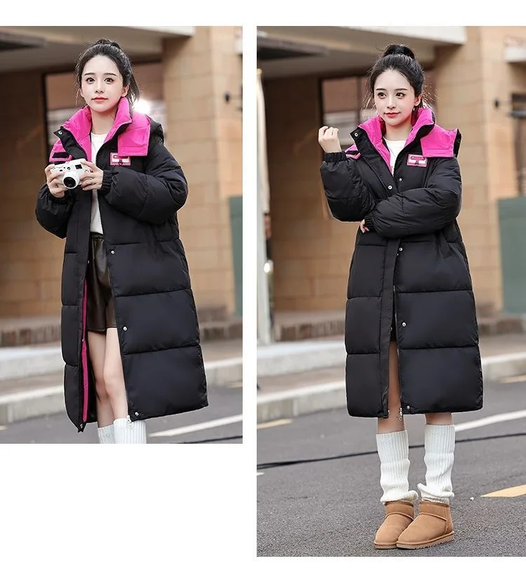 Long Hooded Puffer Coat Women Contrast Collar Warm Quilted Parka Zip‑Up Loose Windproof Winter Outerwear Ladies Padded Jacket