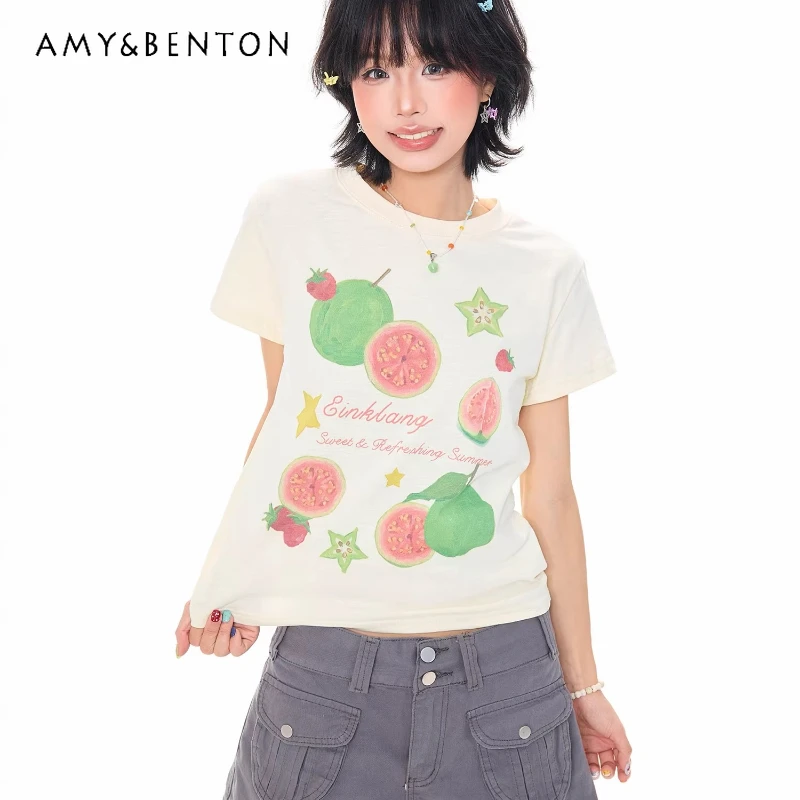 

Korean Fruit Print Front Shoulder Short-sleeved Women's T-shirt 2026 New Sweet Cute Versatile Loose Casual Crew Neck Top Ladies