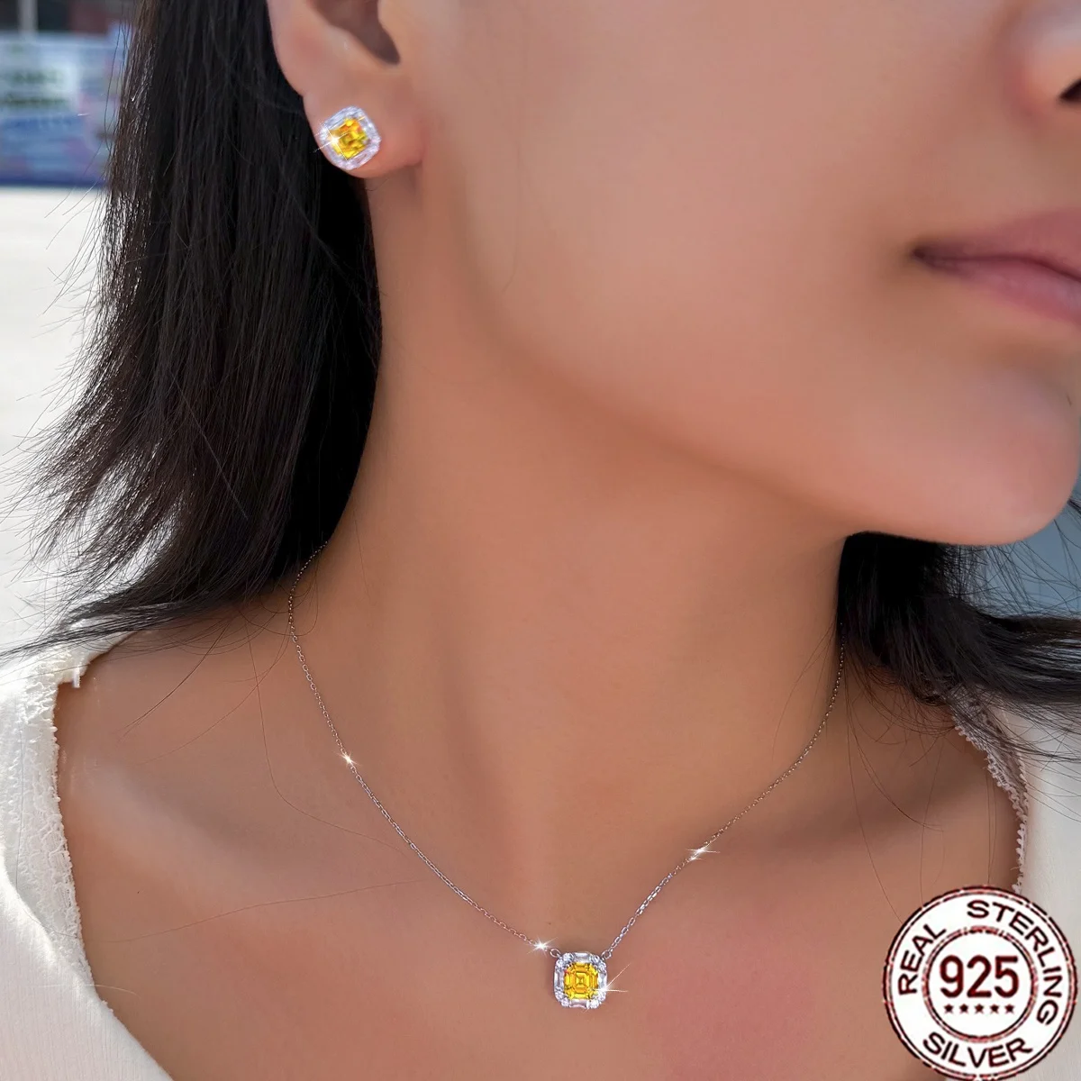 QooLady S925 Sterling Silver Square Yellow Zirconia Jewelry Set Necklace Stud Earrings For Women Wedding Bridal Party Gift ST064