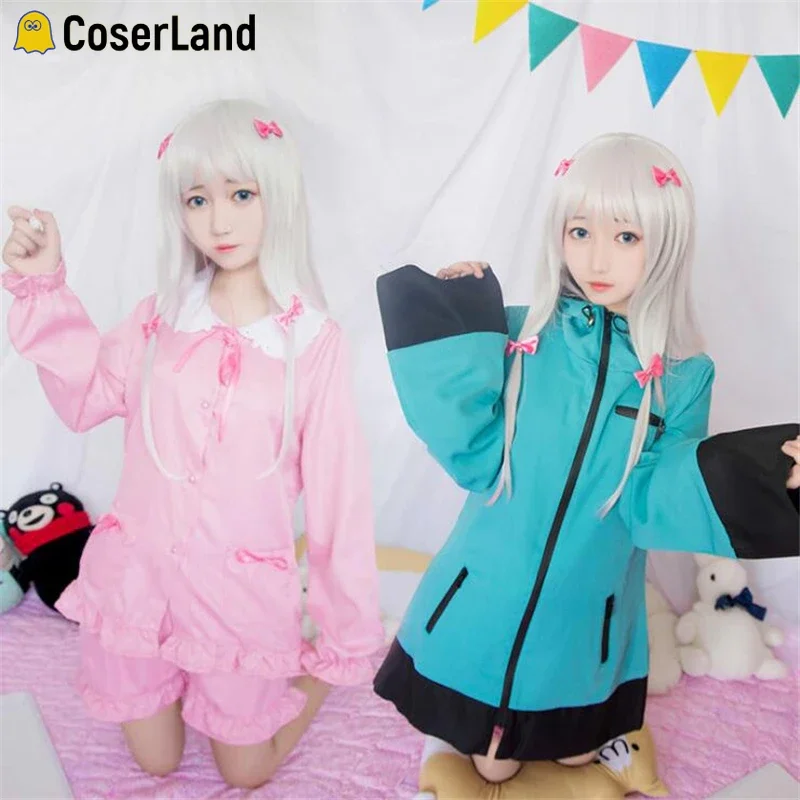 New Anime Eromanga Sensei cosplay suits Izumi Sagiri pink pajamas blue jacket long silver wig ero-sensei Kawaii girls Lolita