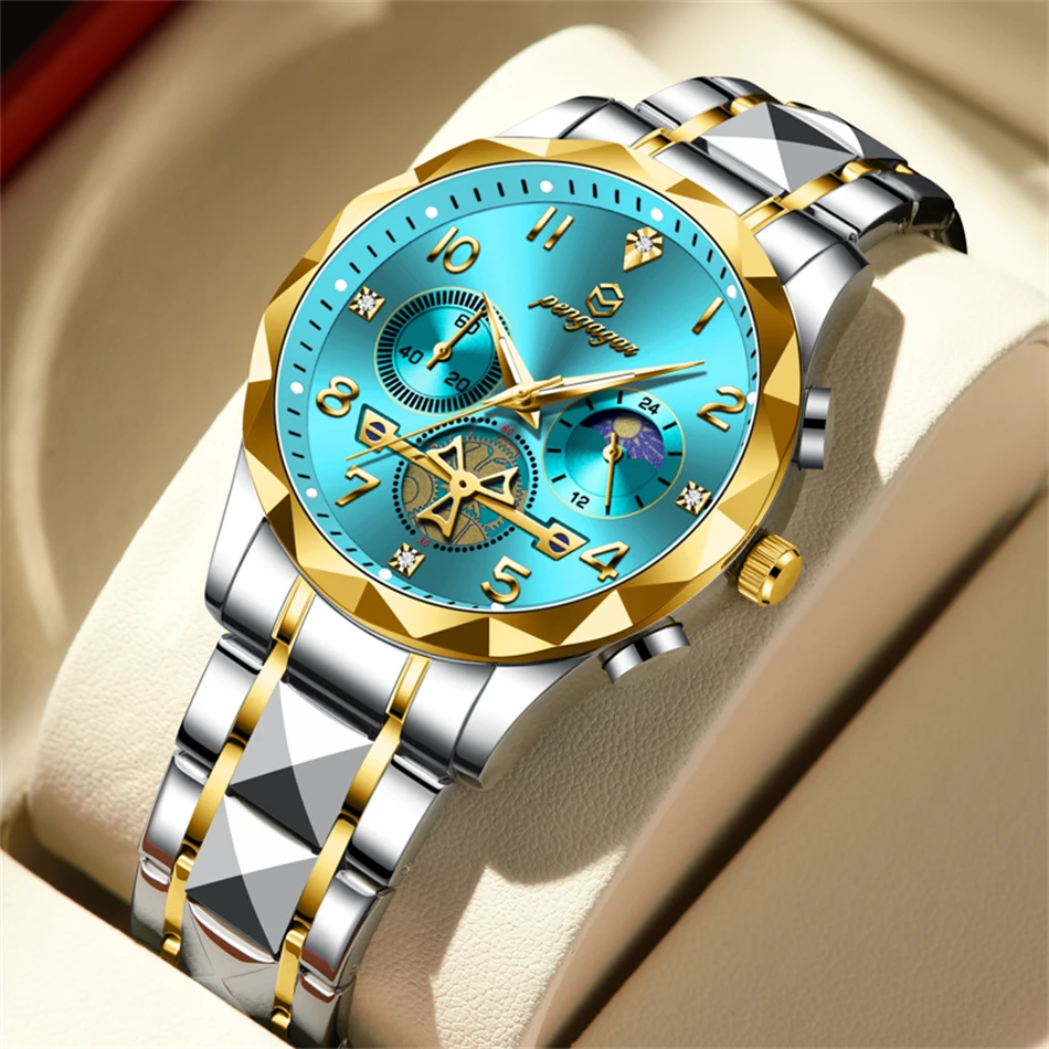 

PENGAGAR Fashion Man Wristwatch Stainless Steel Chronograph Quartz Watches For Men Waterproof Luminous Luxury Casual Men's Watch