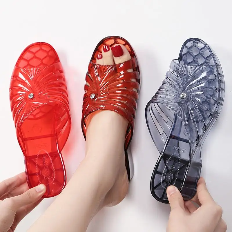 

Faionable Summer Slippers Outdoor Wearable Transparent Jelly Slippers Anti-Slip Thi Plastic Slippers for Mom Casual Slippers