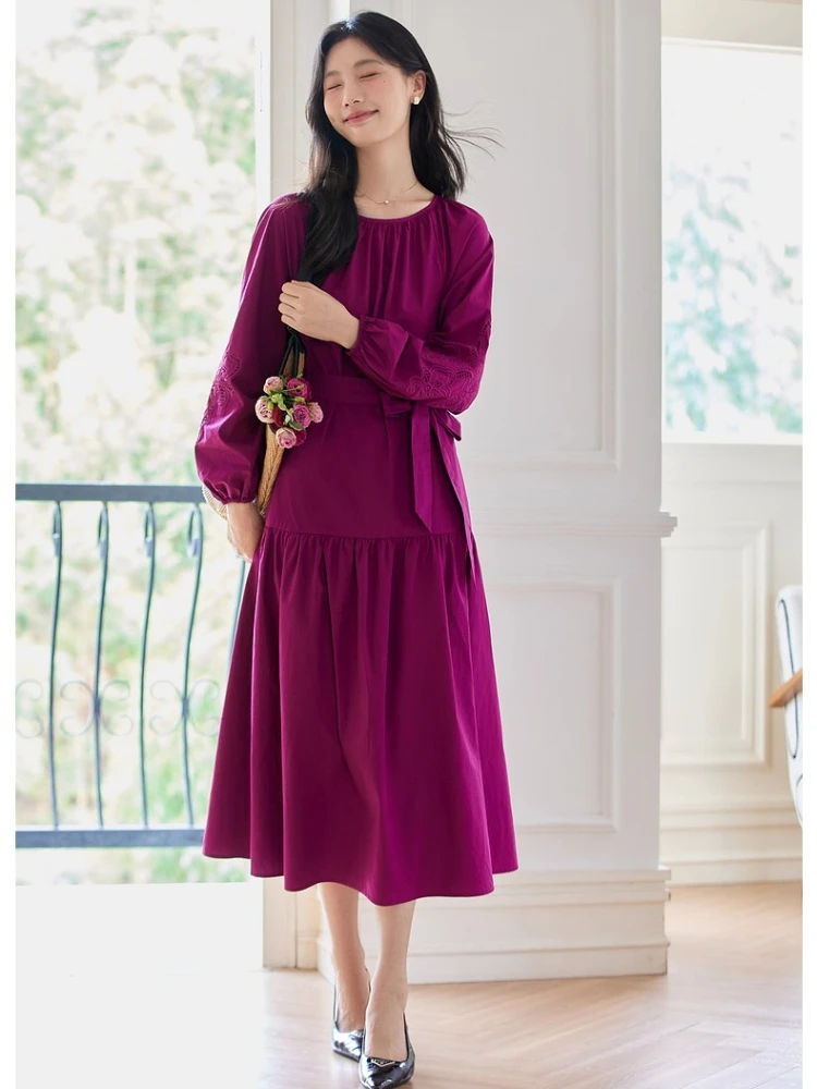 VIMLY Long Dresses 2025 Woman Autumn Elegant Party Pure Cotton Embroidered Hollow Out Dresses Round Neck A-line Lady Dress A2013