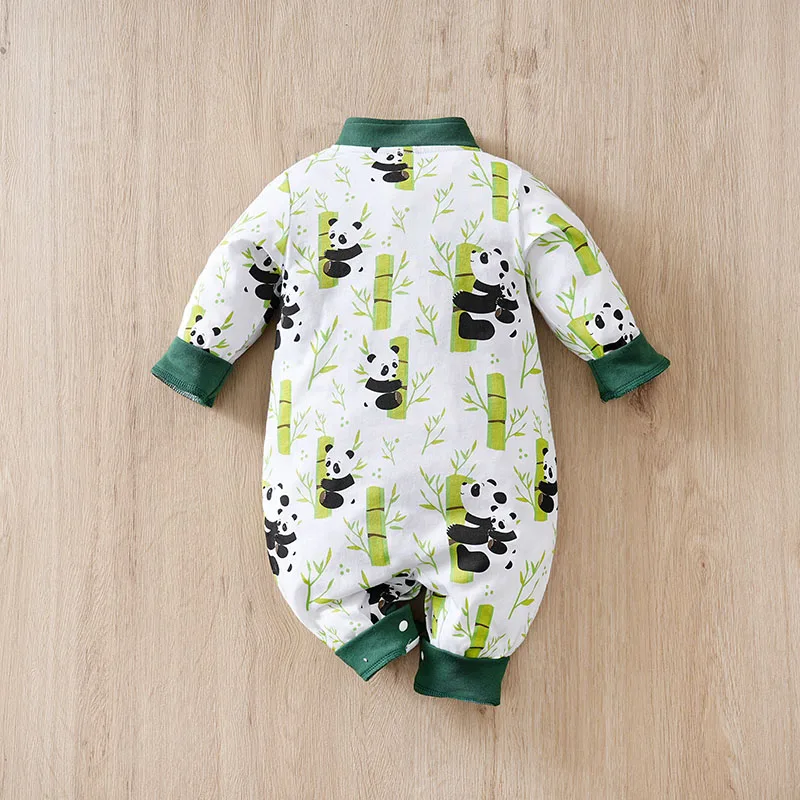 Baby's New Chinese Style Jumpsuit With Pure Cotton Buckle Design And Panda Print Baby Spring And Autumn Clothes