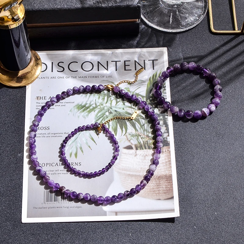 Natural Amethyst Beaded Choker Necklace Bracelet Anklet Set Women's Semi-Precious Jewelry with Stainless Steel Lobster Clasp