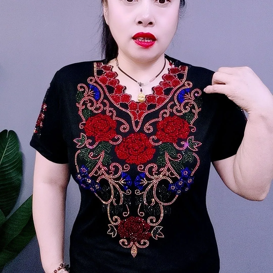 

Embroidery Floral T Shirt 2025 Summer Beading Clothes For Women Tees Top Short Sleeve T-shirts for Women