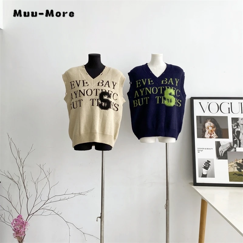 Women's Solid Color V-neck American Trendy Hollow Out Letter Embroidery Group Sweater Vest 2023 Autumn Winter Loose Knitted Top