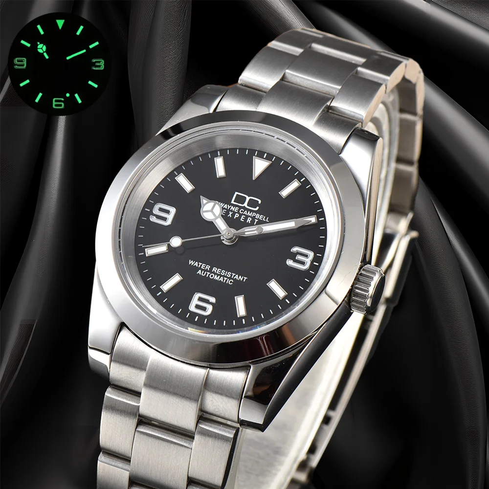 39 مللي متر NH35 ساعة رجالي الشؤون التجارية "DC" شعار الغوص الحركة التلقائية 316L الفولاذ المقاوم للصدأ الزجاج المعدني مقاومة للماء