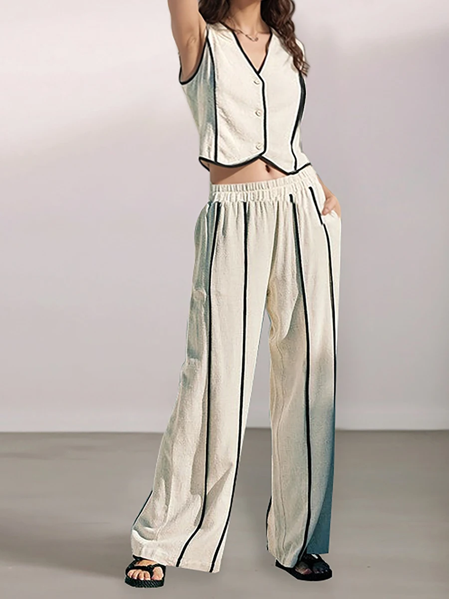 

Classic Striped Vest 2 Piece SetS Women V Neck Single Breasted Sleeveless Waistcoat Summer New Fashion Casual Wide Leg Pant Set
