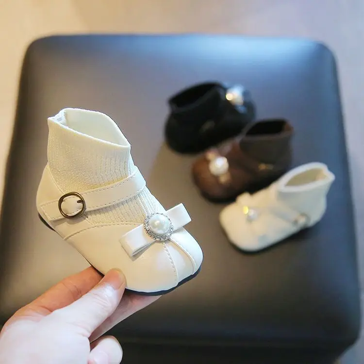 Girl's Short Boots Ankle-High Beading Autumn Fly-Woven Kids Sock Boot Wedges Flexiable Sweet Slip-on Toddler Children Boot 15-25