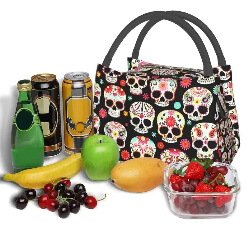 Sugar Skulls Calavera Lunch Boxes Women Day Of The Dead Cooler Thermal Food Insulated Lunch Bag Travel Work Pinic Container