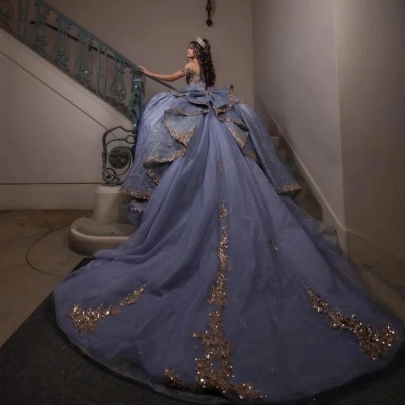 Shiny slate blue Quinceanera Dress off-shoulder crystal glitter decal Bow Long tail vestidos de 15 Quinceanera ﻿Customize