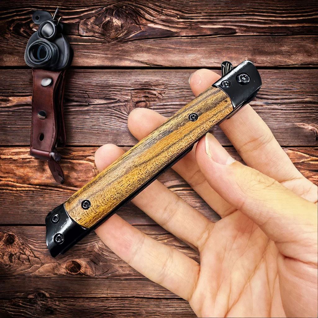 Solid Sandalwood Handle Folding Knife Black Pattern Folding Knife Multipurpose Outdoor Camping Stainless Steel Knife With Cover