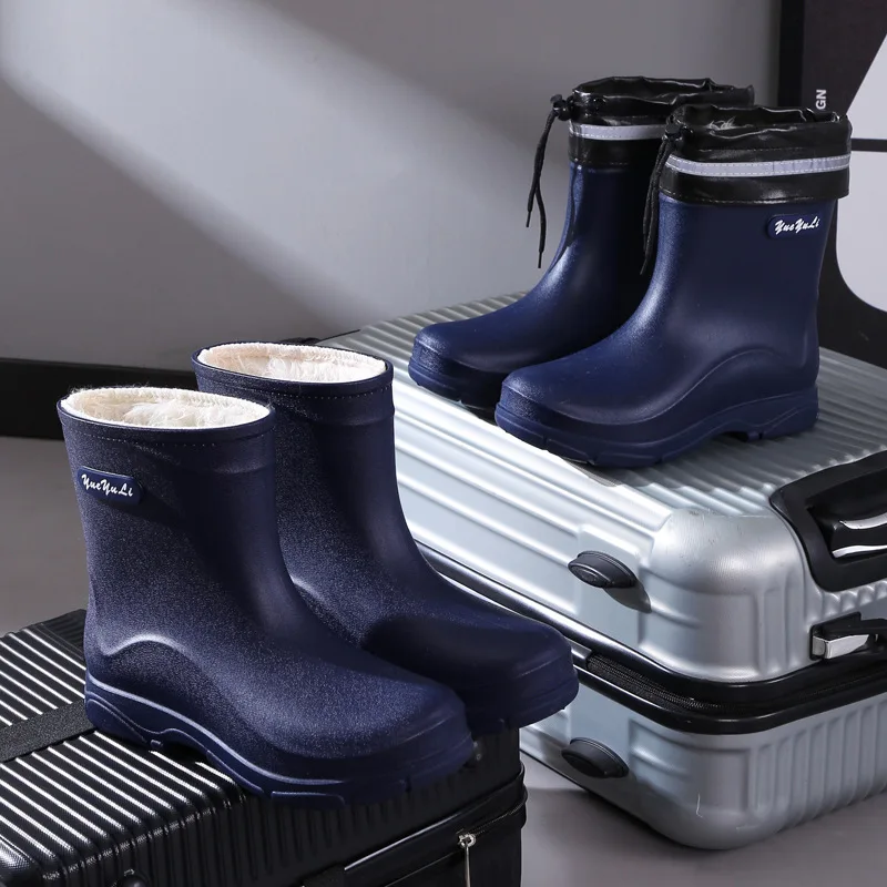 New Waterproof Men PVC Rain Shoes Outdoor Non-slip Work Shoes Fleece Lined Cotton Warm Rain Boots Kitchen Footwear Male Footwear