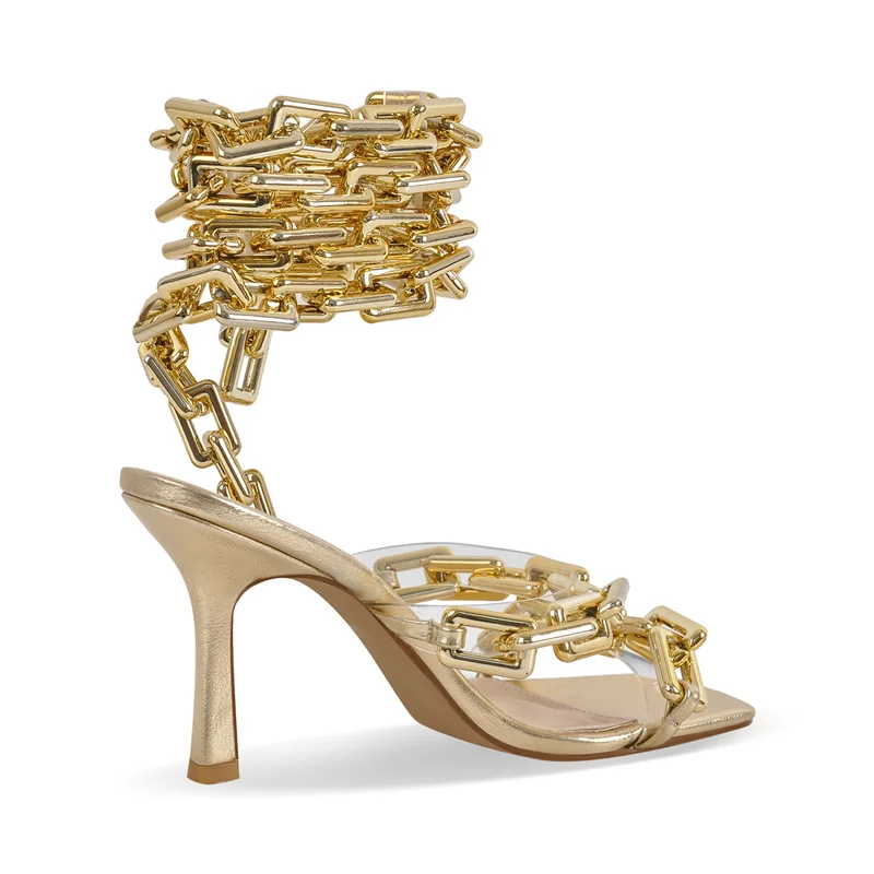 Onlymaker Women Gold Square Toe Metal Chain Lace-up Stiletto Sandals Open Toe Sexy Party Stiletto Sandals
