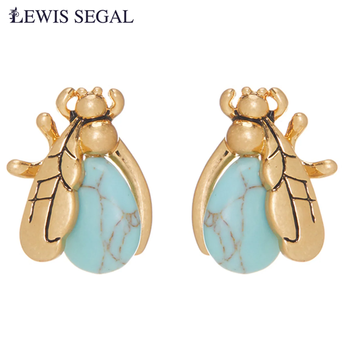 LEWIS SEGAL Blue Turquoise Bee Stud Earrings for Women Independent Girl Luxury Medieval Style Fine Jewelry 18K Gold Plated