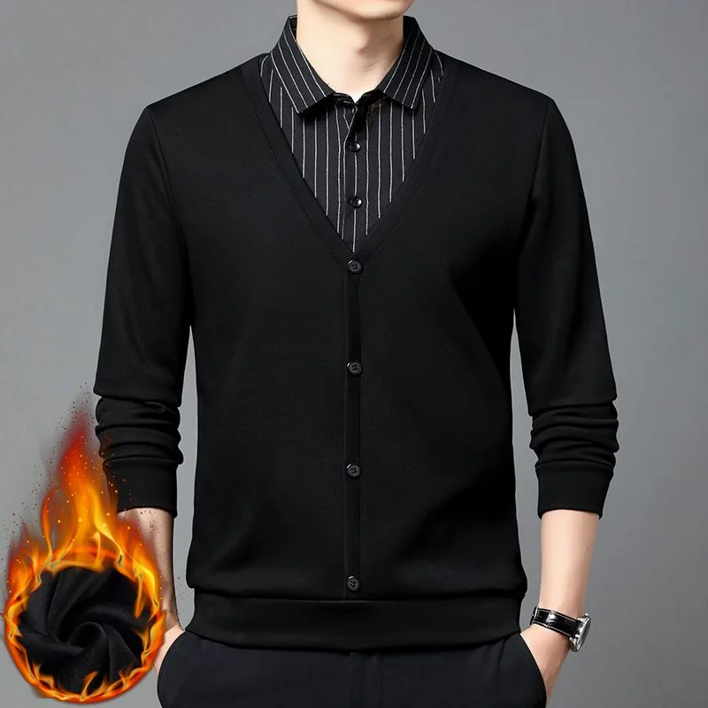 

Fashion Men Fleece Warm Striped Polo Shirt Spring Korean Street Male Clothes Business Casual Versatile Long Sleeve Tops JJ222