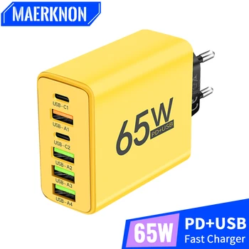 65W USB PD tipi C 6 port hızlı şarj hızlı şarj 3.0 cep telefonu adaptörü iPhone 15 Samsung Xiaomi Huawei duvar şarj