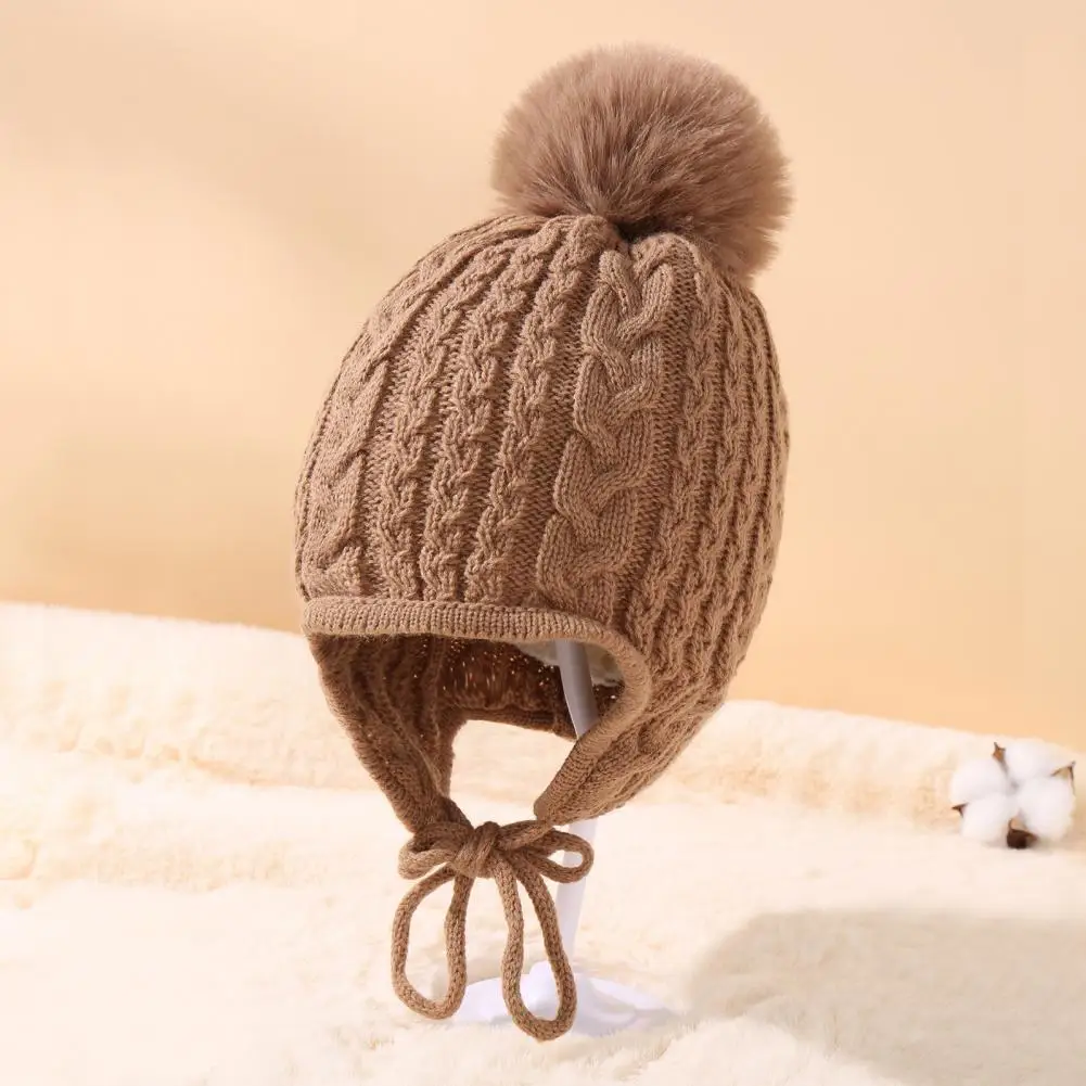 

Soft Knit Hat Cozy Kids Winter Hat with Plush Ball Decor Twist Texture Lace-up Design Breathable Warm Children's Knit for Cold