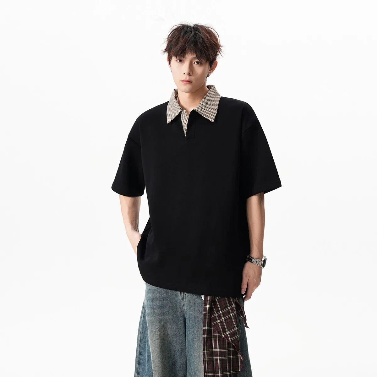 

Fake Two Thousand Bird Grid Splicing Polo Shirts Men's Summer Loose Collar Short Sleeve Trendy Brand Contrasting Casual Top