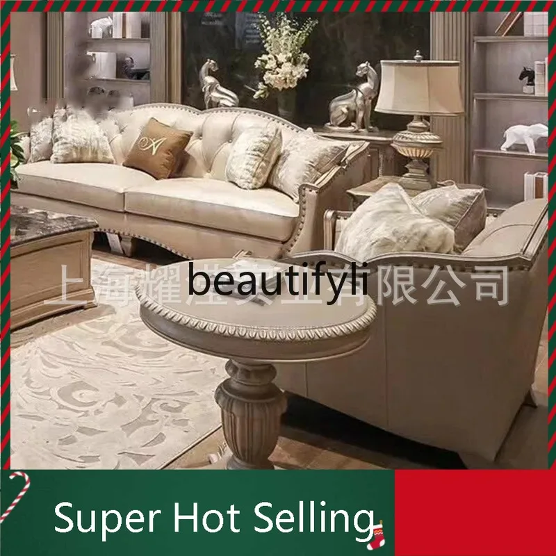 K132 Solid Wood Sofa and Coffee Table Set American Country European Style Genuine Leather Vintage Sofa Soft Leather U-Shaped