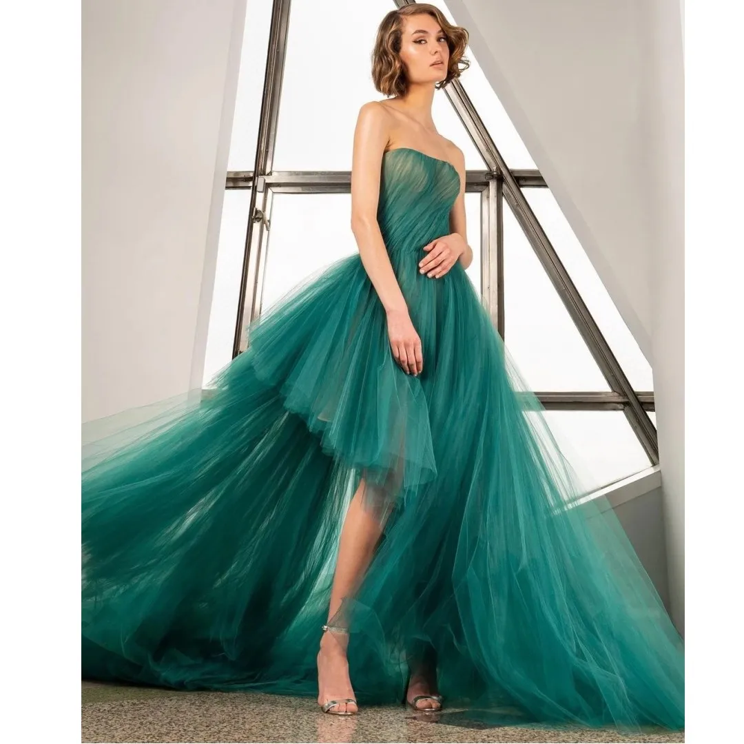 Elegant Emerald Green Asymmetrical Tulle Prom Gowns Strapless Puffy Tulle Women Dresses To Party Teal Tulle Robe Lace Up