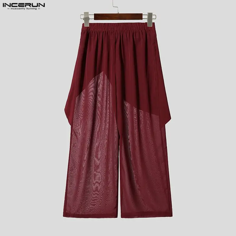 INCERUN Men Pants Mesh Patchwork Wide Leg Trousers For Man Streetwear Loose See Through 2026 Fashion Irregular Pants Pantalones view 5