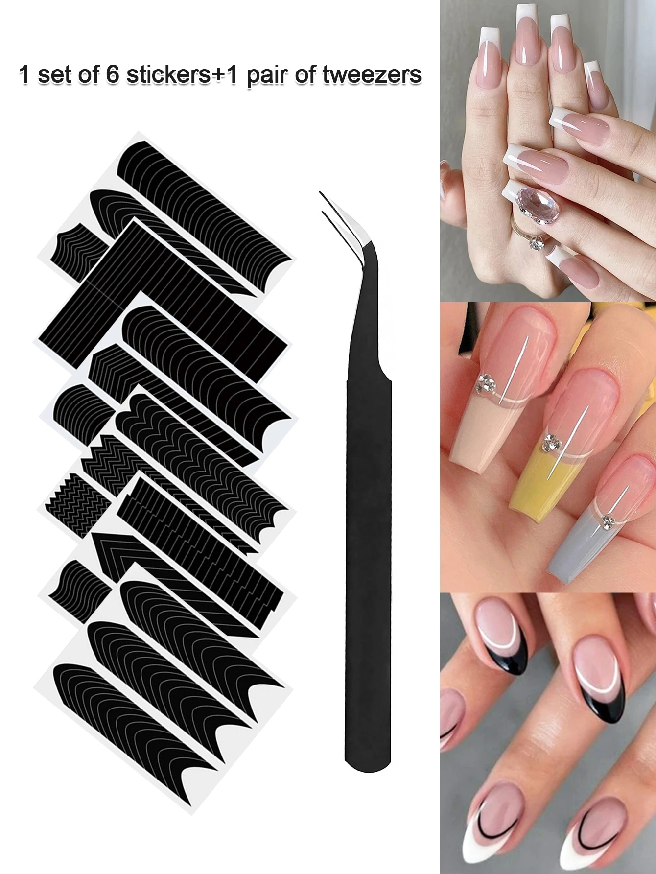 1 Zestaw 6 Naklejek + 1 Para Pęset, Naklejka na Paznokcie Półksiężyc Kształt V Klasyczny Linia Łuk Szablon Pomocniczy Narzędzie do Druku