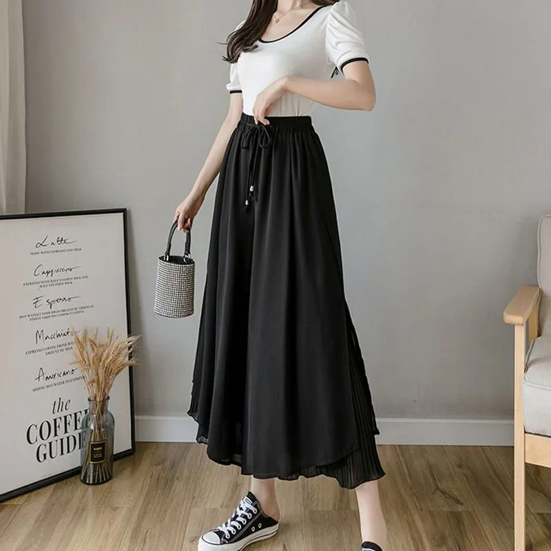 Fashion All-match Female Solid Elastic High Waist Pants Commute Korean Folds Casual Chiffon Drawstring Cropped Pants for Women