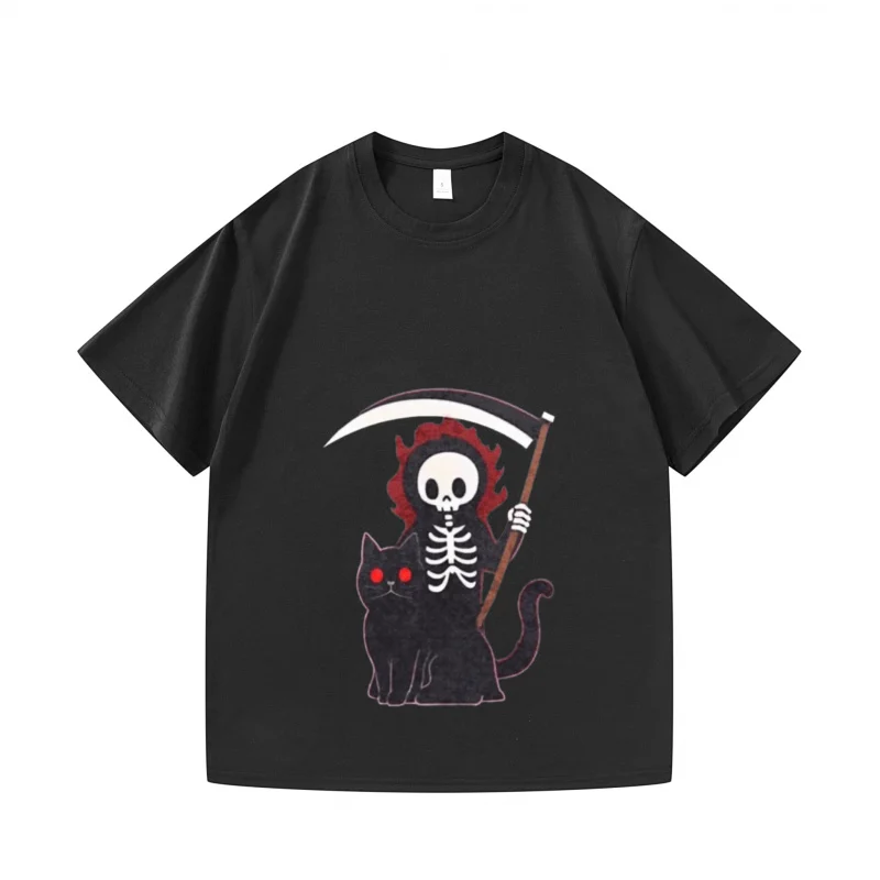 تي شيرت رجالي أسود Grim Reaper & Cat مطبوع كاجوال لحفلات الهالوين قمة الموضة