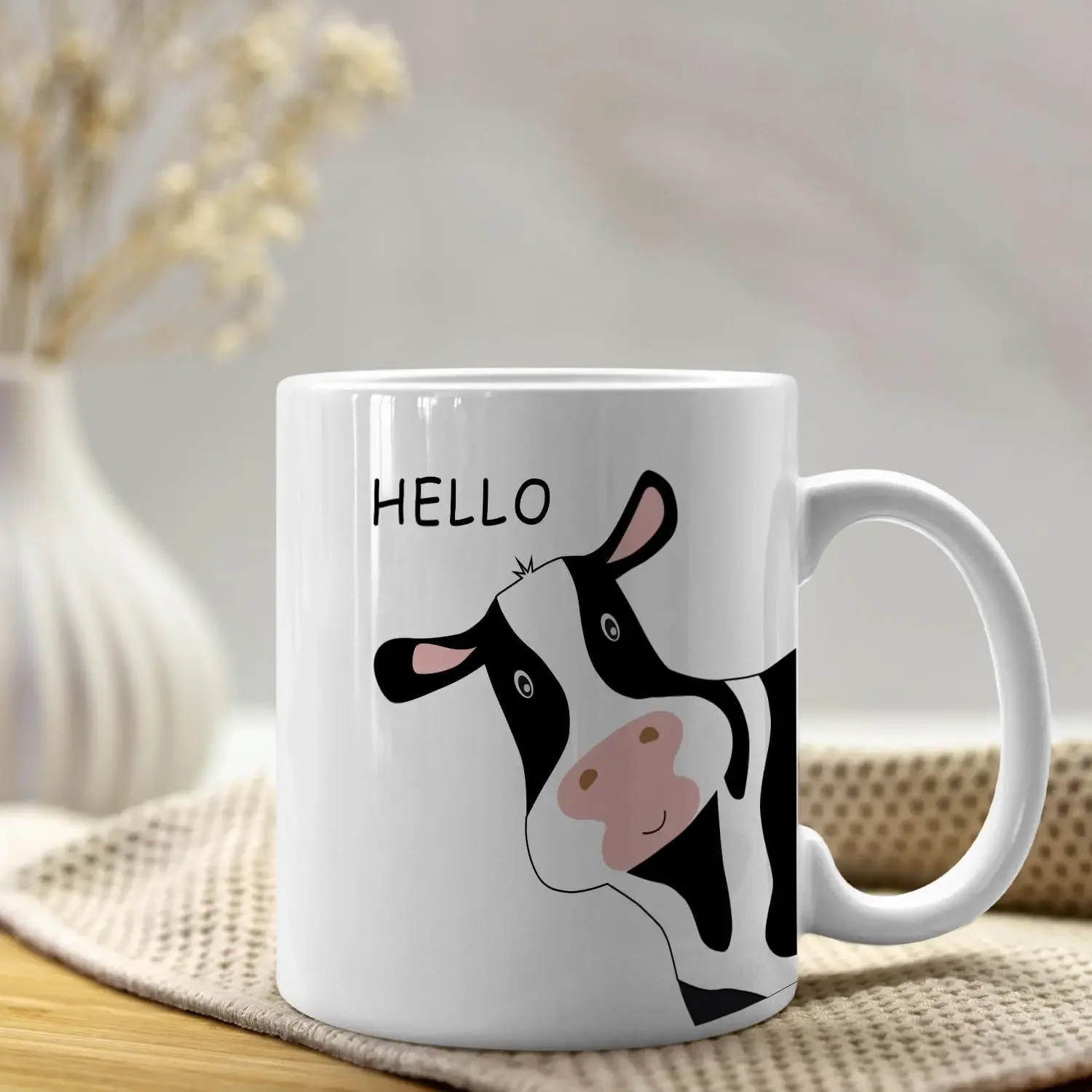 Cow pattern home daily water cup for friends and family, white printed breakfast coffee mug