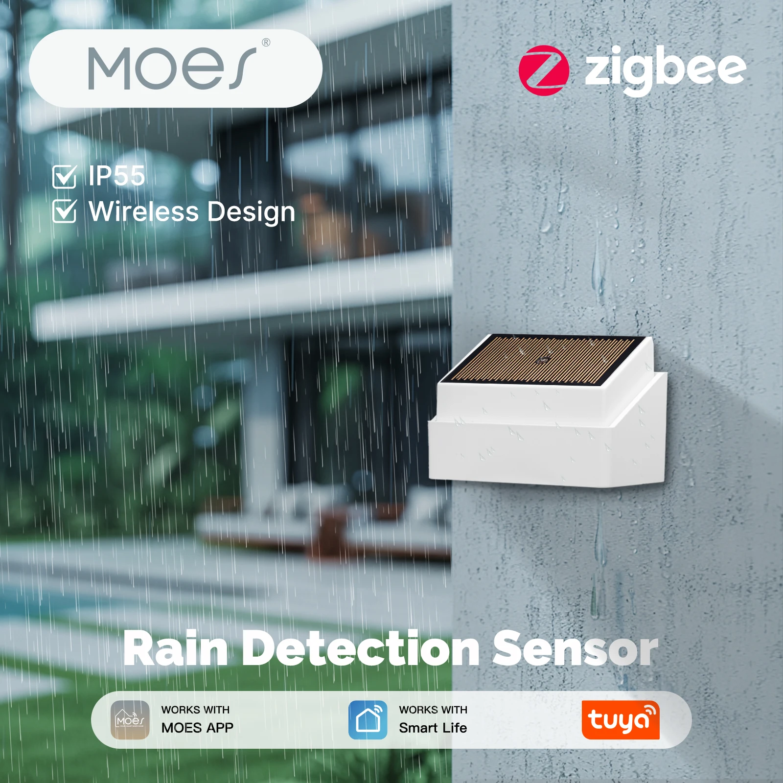 

MOES Tuya ZigBee умный датчик обнаружения дождя детектор утечки воды беспроводной IPX4 водонепроницаемый для наружного использования с питанием от батареи