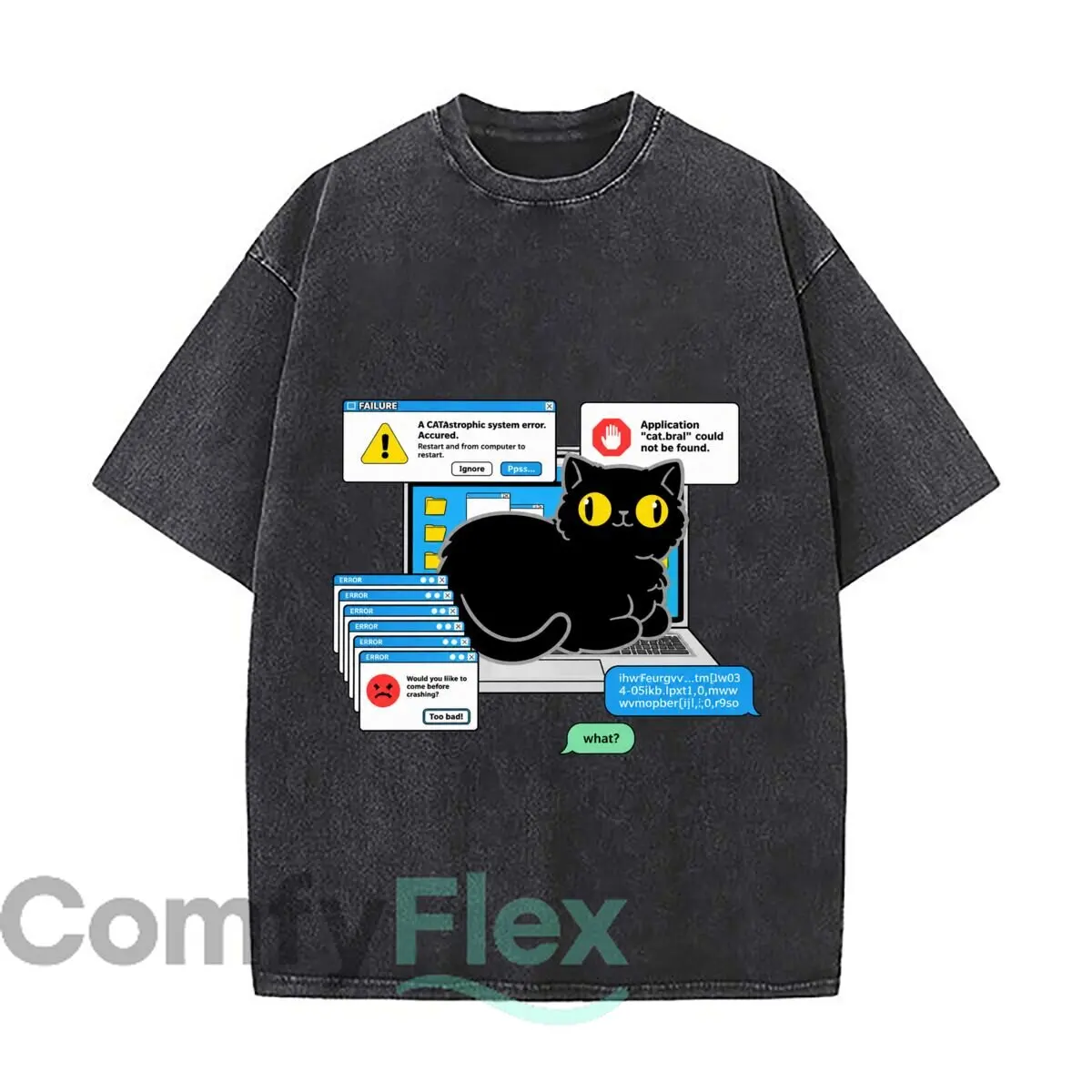 Catastrophic System Error Black Cat Computer Application Vintage Distressed Loose Streetwear Tops for Campus Days