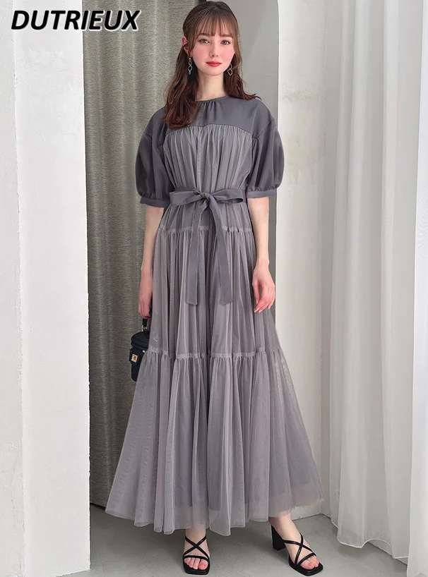 

Japanese Summer New 2024 Sweet All-Matching Round Neck Puff Sleeve Tulle Stitching Tied Waist Slimming Long Dress Commuter Dress