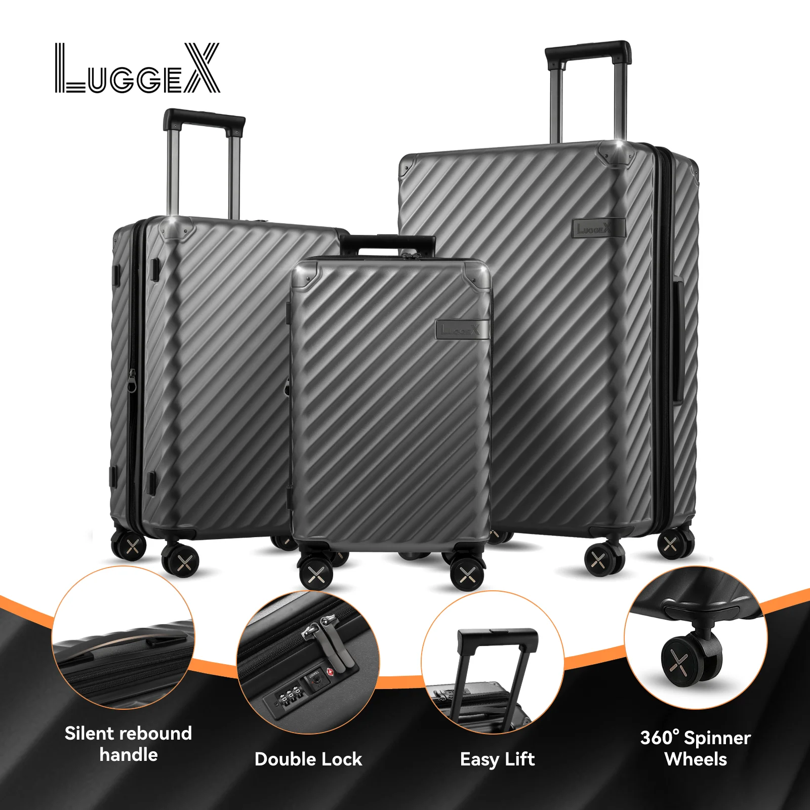 3pcs LUGGEX Luggage with Spinner Wheels - Polycarbonate Expandable Hard Shell Suitcase