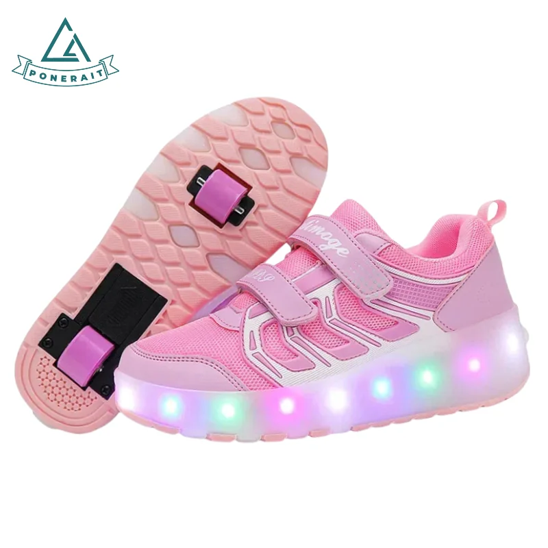 

PONERAIT Girls Roller Skates Light-Up Wheels Velcro Closure for Teens & Kids 2-Wheel Beginner Leather Casual Skates Shoes