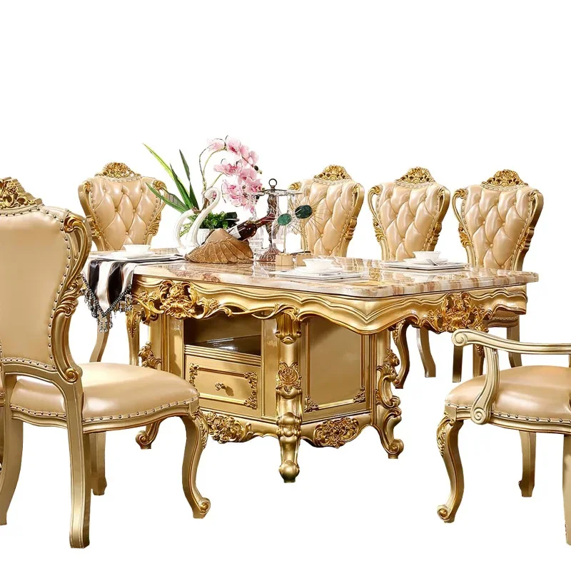 European high-end west long dining table marble rectangular luxury villa dining table and chair combination one table and ten