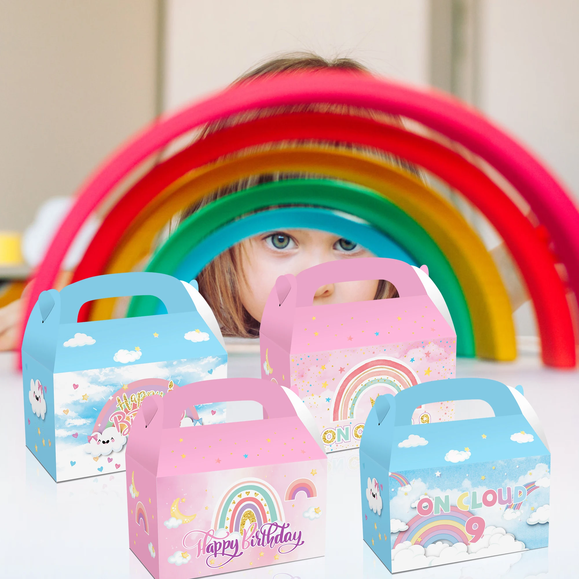 

DD213 4Pcs Birthday Party Cake Candy Pack Kids Cartoon Rainbow Cloud Stars Portable Gifts Box for Baby Shower Party Decorations