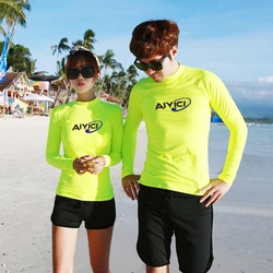 Women Men Swimming Shirt Long Sleeve Fluorescent Yellow Couples Swimwear Sun-protective Bench Wear 2024 new Plus Size