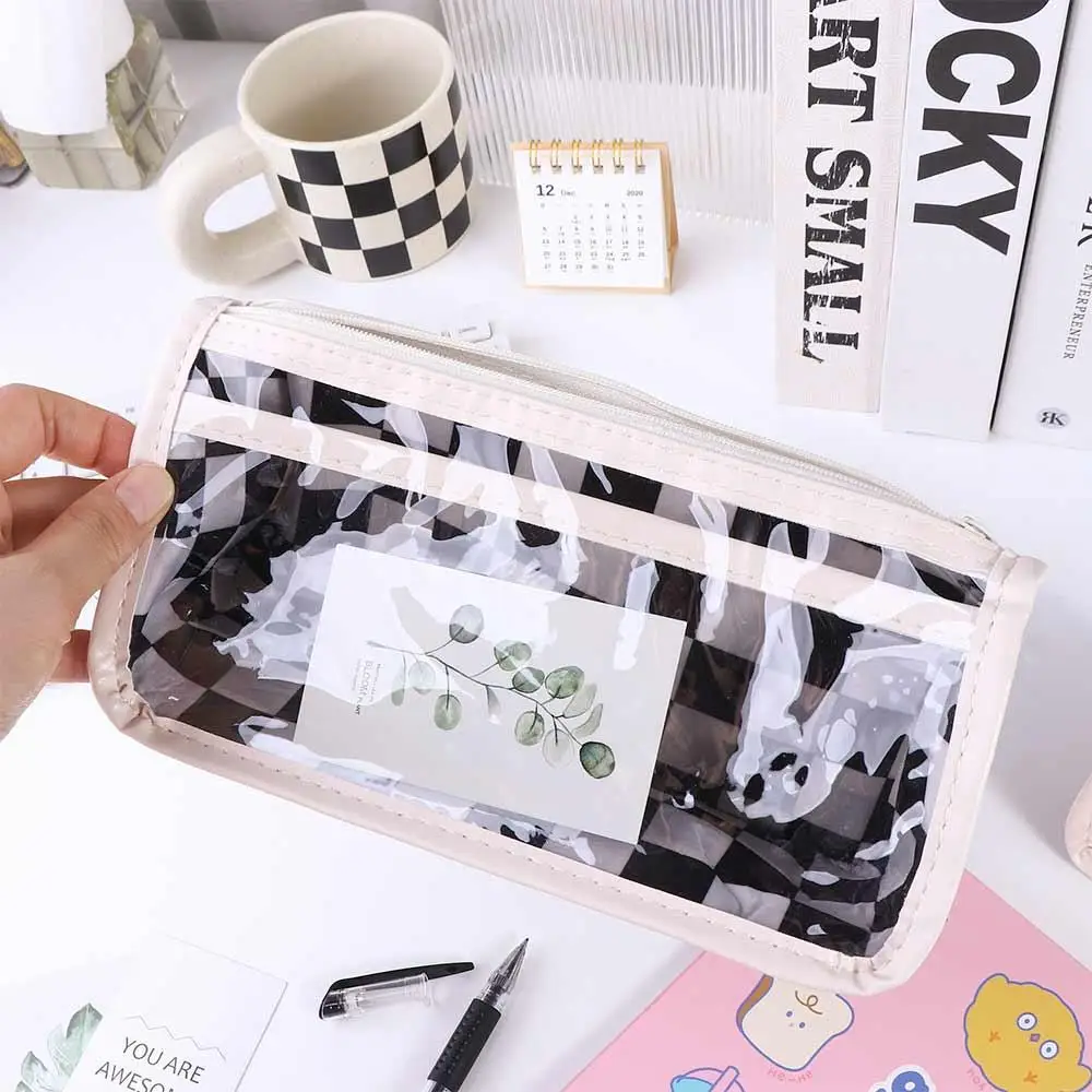 Transparent Checkerboard Pattern Pen Case PVC Waterproof Kids' Pencil Cases Creative Cassic style Lattice Pencil Bag