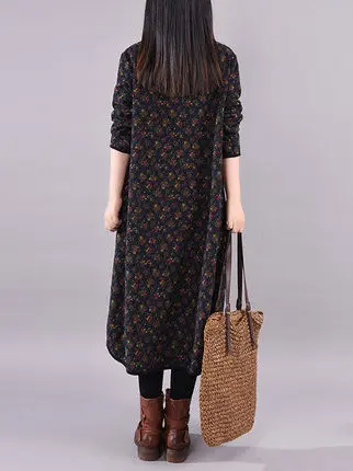 Coreano Sle talla grande mujer Dr estampado Floral Fce forrado cuello alto Midi Dr corte suelto Otoño Invierno